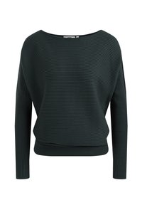 Maglione a coste verde scuro con collo largo, maniche lunghe e vestibilità comoda. La texture è morbida ed elastica, con righe orizzontali.