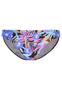 Bas de bikini floral noir avec des motifs tropicaux vibrants en bleu, rose et orange. Doté d'une taille élastique et d'un tissu doux.
