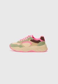 Sneakers with a multi-material design featuring beige, olive green, brown, and bright pink accents. Textured mesh and rubber sole.