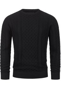 Zwarte gebreide trui met een getextureerd kabelpatroon, ribbelmanchetten en zoom. Klassiek ontwerp met ronde hals en een zachte afwerking.
