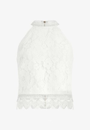 Weißes ärmelloses Spitzentop mit hohem Kragen, Blumenmuster, gewelltem Saum und Rückenknopfverschluss.