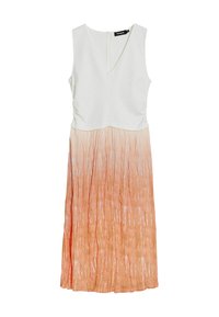 Rochie fără mâneci cu un corset alb și o fustă portocalie cu ombre, având linii verticale texturate. Închidere cu fermoar la spate.