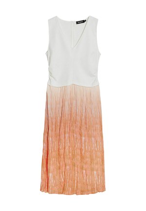 Mouwloze jurk met een witte lijfje en een oranje ombre rok met gestructureerde verticale lijnen. Sluiting met rits aan de achterkant.