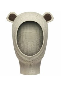 Beige gestrickte Sturmhaube mit abgerundetem Ausschnitt, versehen mit zwei braunen Filzohren oben. Durchgehendes strukturiertes Muster. Weiches und warmes Material.