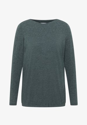 Chemise à manches longues de couleur vert foncé, fabriquée dans un tissu doux et texturé. Elle présente un col rond et une coupe décontractée sans ornements.