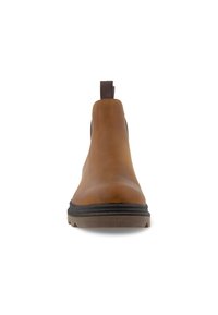 Bottines en cuir marron avec une texture lisse, des panneaux latéraux élastiques et une languette de tirage. Elles sont dotées d'une semelle en caoutchouc durable avec un motif de semelle.