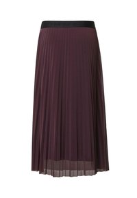 Pflaumenfarbener Faltenrock mit schwarzem elastischem Bund, mit fließendem Design und transparentem Stoff. Knielang mit geschichteten Falten.