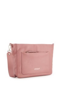 Rosa Leder-Schultertasche mit strukturiertem Finish, einer vorderen Reißverschlusstasche und einem abnehmbaren Tragegurt, mit dem Markennamen "VENEZIA."