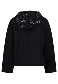 Felpa nera con maniche lunghe e design cropped. Presenta un rivestimento in stoffa nera con paillettes nel cappuccio per aggiungere texture.