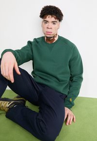 Grüner Pullover mit Rundhalsausschnitt und gerippten Bündchen, kombiniert mit marineblauen Hosen und robusten Stiefeln. Der Pullover hat ein kleines Logo-Detail.