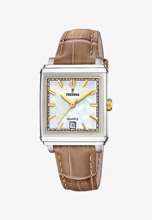 Montre à quartz Festina avec un boîtier carré, un cadran en nacre, des accents dorés et un bracelet en cuir marron avec texture crocodile.