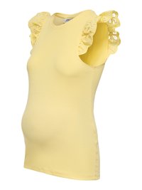 Haut de maternité jaune sans manches avec épaules en dentelle ajourée volantée et col rond.