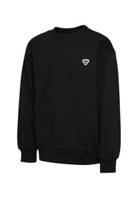 Sort crewneck sweatshirt med lange ærmer og et lille hvidt og sort bi-logo på venstre bryst.