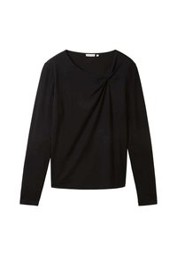 Haut noir à manches longues en tissu lisse, doté d'un détail de nœud torsadé au niveau du col et d'une coupe décontractée.