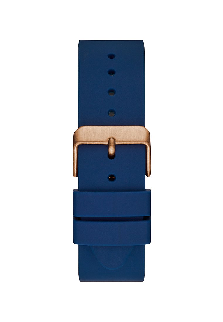 Blauer Silikon-Uhrenarmband mit einer gebürsteten Bronze-Schließe, das eine glatte Oberfläche und mehrere Einstelllöcher zur Größenanpassung aufweist.