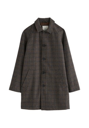 Bruine geruite jas met een kraag, knoopsluiting en zijzakken. Heeft een tekstiel met een gemêleerd kleurenpalet van bruin en blauw.