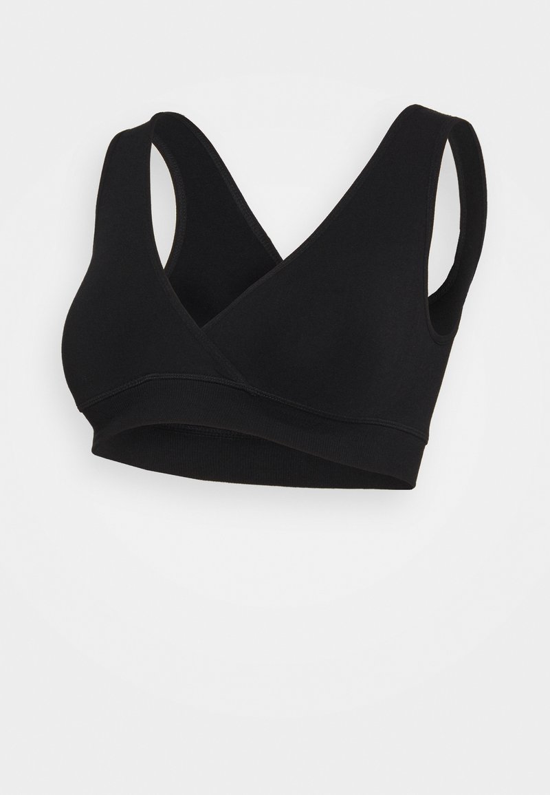 Bralette preto com um design em forma de V, feito de tecido elástico suave, apresentando alças largas e uma faixa sem costura para conforto e suporte.
