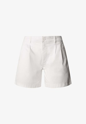 Weiße maßgeschneiderte Baumwollshorts mit Knopfverschluss, Gürtelschlaufen und vorderen Falten.