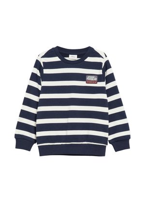 Marineblaues und weiß gestreiftes Sweatshirt mit langen Ärmeln, gerippten Bündchen und einem kleinen Aufnäher mit der Aufschrift "Speed Team SLVR" auf der Brust.