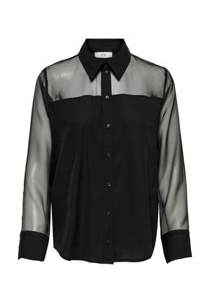 Zwarte blouse met een kraag, met transparante mouwen en een solide lijfje. Knopen aan de voorkant, gladde stoftextuur.