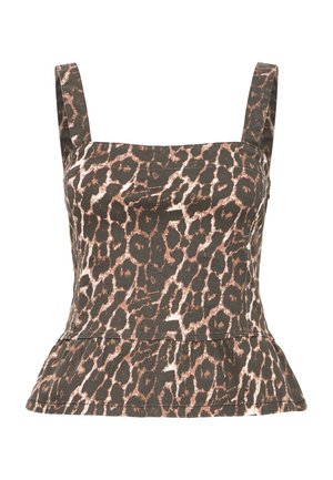 Varrukateta leopardimustriga top laiade rihmade ja kerge pepplum-äärisega pruunides, mustades ja valgetes toonides.