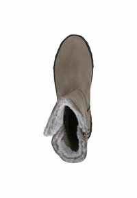 Bottine en daim gris avec une ouverture doublée de fourrure, une fermeture éclair sur le côté et une semelle en caoutchouc noir. Extérieur lisse et intérieur doux.