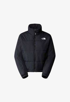 Zwarte pufferjas met een hoge kraag, ritssluiting aan de voorkant, elastische manchetten en logodetail. Heeft een doorgestikte structuur en glad, lichtgewicht materiaal.