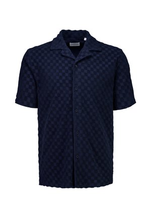 Navyblauw overhemd met korte mouwen, knoopsluiting, een gestructureerd dambordpatroon en een brede kraag.