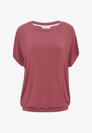 Haut ample à manches courtes de couleur rose poussiéreuse avec un col rond et une taille élastiquée, fabriqué en tissu doux et léger.