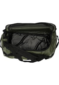 Green waterproof duffel bag with a black interior, mesh pocket, and adjustable straps; features a large zippered opening for easy access.