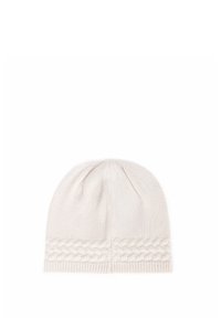 Dziana czapka w jasnobeżowym kolorze, z warkoczowym wzorem u podstawy i gładkim wierzchem, wykonana z miękkiego materiału dla zapewnienia ciepła.