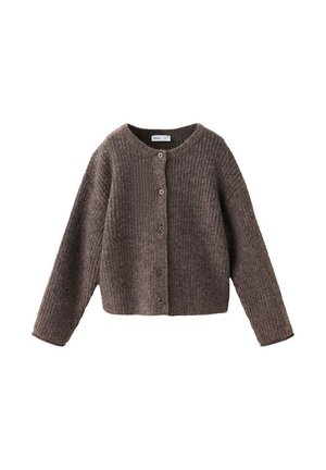 Cardigan tricoté côtelé marron avec manches longues et cinq boutons sur le devant sur fond blanc.