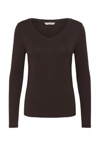 Brun langærmet top med V-hals, lavet af blødt stof. Har en figursyet silhuet og diskret syning ved kant og manchetter.
