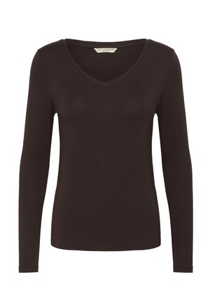 Rjava majica z dolgimi rokavi in V-izrezom, narejena iz mehke tkanine. Ima oprijet kroj in subtilne šive na robu in manšetah.