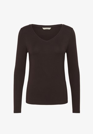 Rjava majica z dolgimi rokavi in V-izrezom, narejena iz mehke tkanine. Ima oprijet kroj in subtilne šive na robu in manšetah.