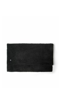 Melnā taisnstūra šalle, ribota tekstūra, mīksts materiāls ar nelielu logotipa detaļu. Izmēri aptuveni 180 cm garumā un 30 cm platumā.