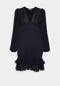 Black dress with long sleeves, pleated texture, V-neckline, smocked waist, and ruffled hem. Lightweight fabric with intricate lace accents.