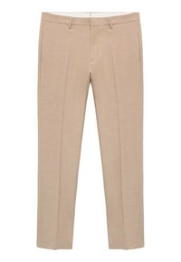 Beige tailored pants with a smooth texture, featuring a straight-leg design, two front pleats, and belt loops.