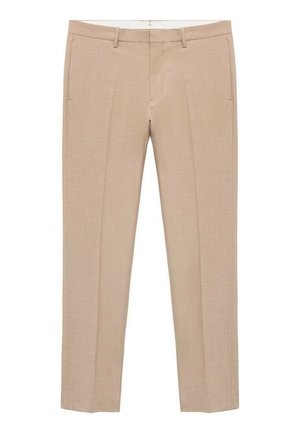 Beige tailored pants with a smooth texture, featuring a straight-leg design, two front pleats, and belt loops.