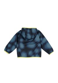 Veste à capuche courte de couleur bleue avec un motif noir, dotée de poignets élastiques et d'un liseré jaune autour de la capuche et de l'ourlet. Texture lisse.