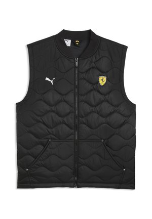 Zwarte mouwloze doorgestikte bodywarmer met ritssluiting aan de voorkant, Puma-logo op de linkerborst en Ferrari-schildlogo op de rechterborst.