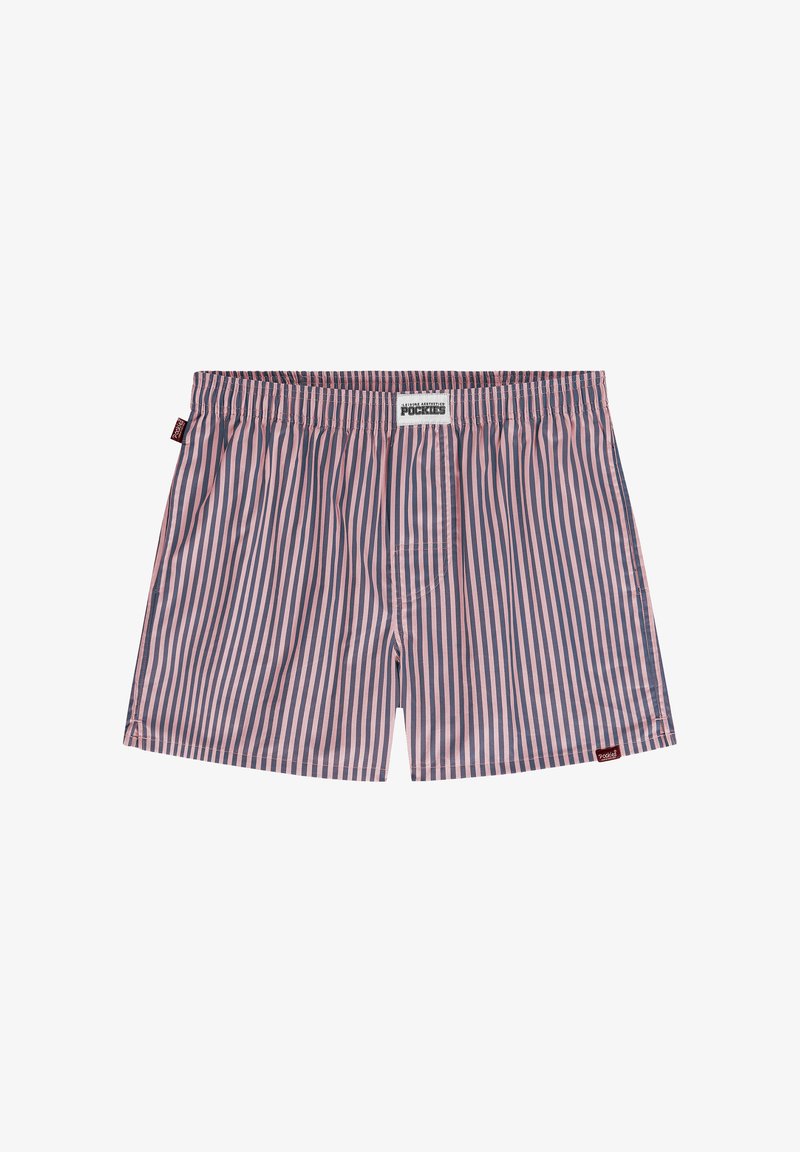 Lockere Herrenboxershorts mit vertikalen pinken und dunkelgrauen Streifen und elastischem Bund.