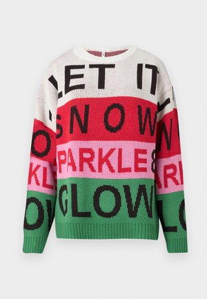 Knit sweater with a round neck and long sleeves, featuring horizontal stripes in white, red, pink, and green, with contrasting text patterns.