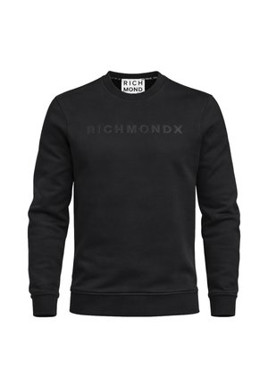 Felpa nera a manica lunga con scollo tondo e testo "RICHMONDX" in rilievo sottile al centro del petto.