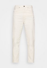 Krämfärgade jeans i denim med smal passform, femficksdesign, knappstängning och subtil textur. Inga synliga mönster eller accenter.