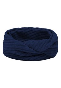 Bandă de cap tricotată de culoare bleumarin cu un design răsucit, având o textură în relief pentru elasticitate și confort, potrivită pentru diferite dimensiuni ale capului.
