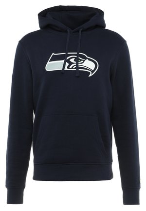 Dunkelblaues Hoodie aus Baumwollmischung, mit großem Seattle Seahawks Logo auf der Vorderseite, Kängurutasche und Kapuze mit Zugband.