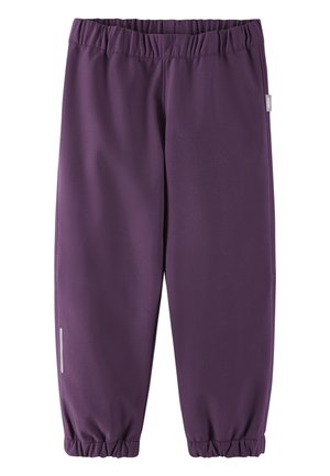 Purple athletic pants with an elastic waistband and gathered cuffs. Features a reflective stripe on the side. Made from a smooth, stretchy material.