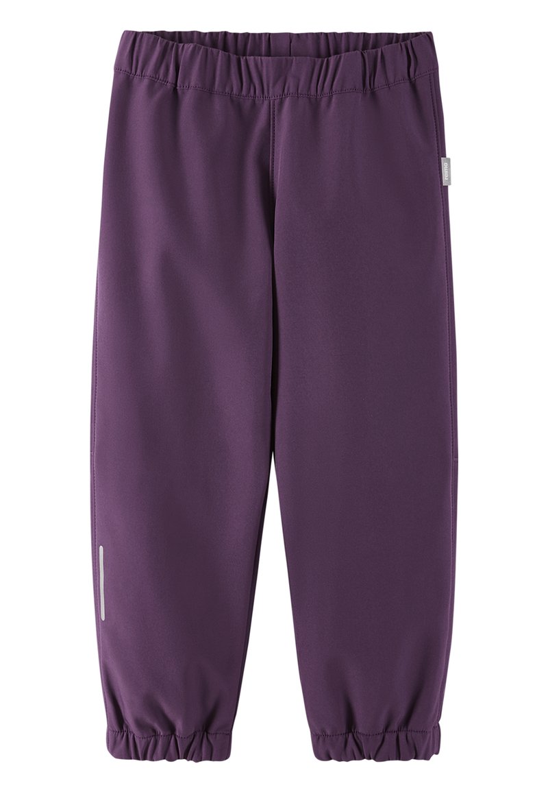 Pantalons de sport violets avec une taille élastique et des poignets froncés. Présente une bande réfléchissante sur le côté. Fabriqué à partir d'un matériau lisse et extensible.