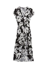 Robe wrap florale avec un fond noir et des motifs floraux blancs, manches courtes, décolleté en V profond et jupe longueur genoux.